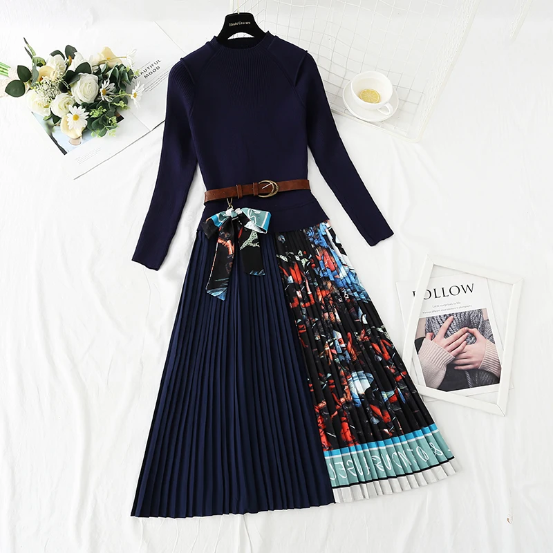 

Runway Designer Knitted Pleated Dress Patchwork O-neck Long Sleeve Flower Print Women Autumn Winter Sweater Belted Dress M11111