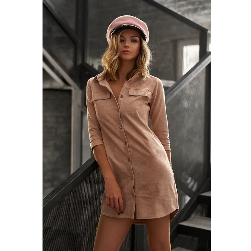 as picture Women Autumn Winter Sexy Short Shirt Dress Lady Button Turn-Down Collar Casual Solid Dress Vintage Elegant Women Mini Dress - Цвет: as picture