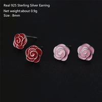 925 sterling silver female simple stud earrings 8mm pink red enamel flower earring for women girl fashion party jewelry
