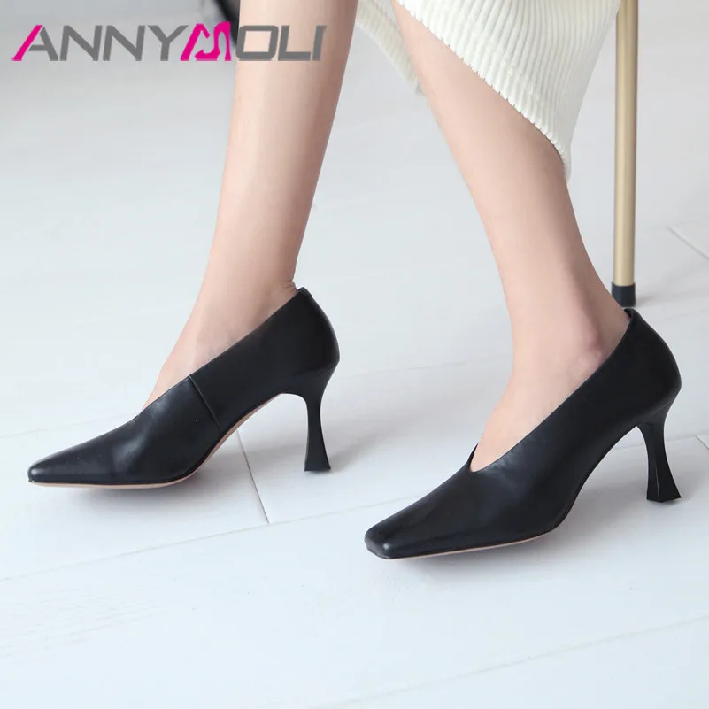 

ANNYMOLI High Heels Women Shoes Natural Genuine Leather Kitten High Heel Glove Shoes Real Leather Square Toe Pumps Ladies 34-39