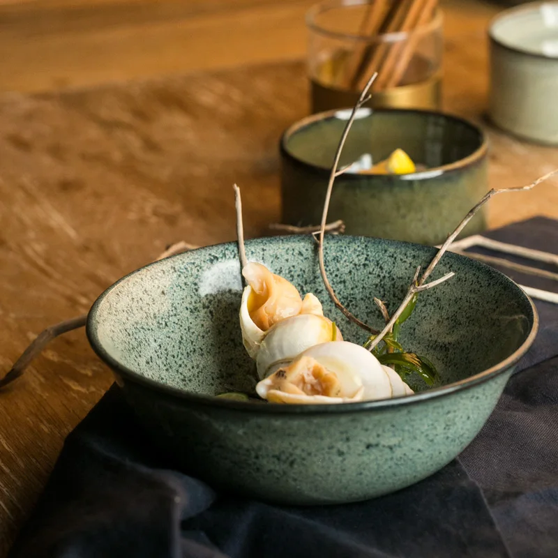 Креативная керамическая миска для супа кухонная посуда темно зеленая Салатница