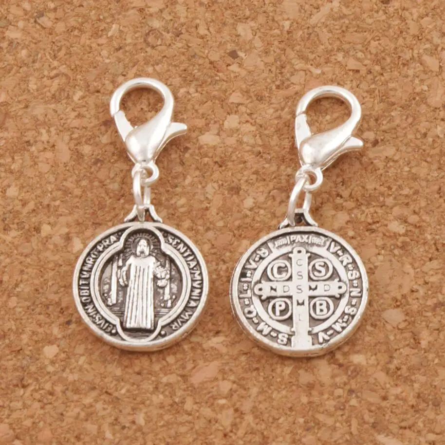 

100ps 13.2x29.8mm Zinc Alloy Saint Benedict Medal Cross Heart Floating Lobster Clasps for Glass Living Memory Locket C504