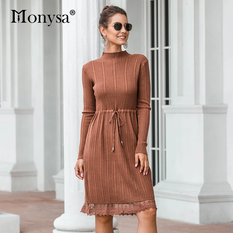 Женское Повседневное трикотажное платье-свитер кружевное платье абрикосового