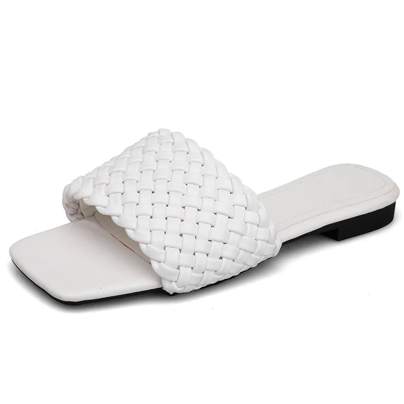 

Square Toe Shoes Slippers Flat Low Slides Fashion Slipers Women Soft Luxury 2021 Fabric Basic Rome Rubber PU Shoes Woman's Slipp