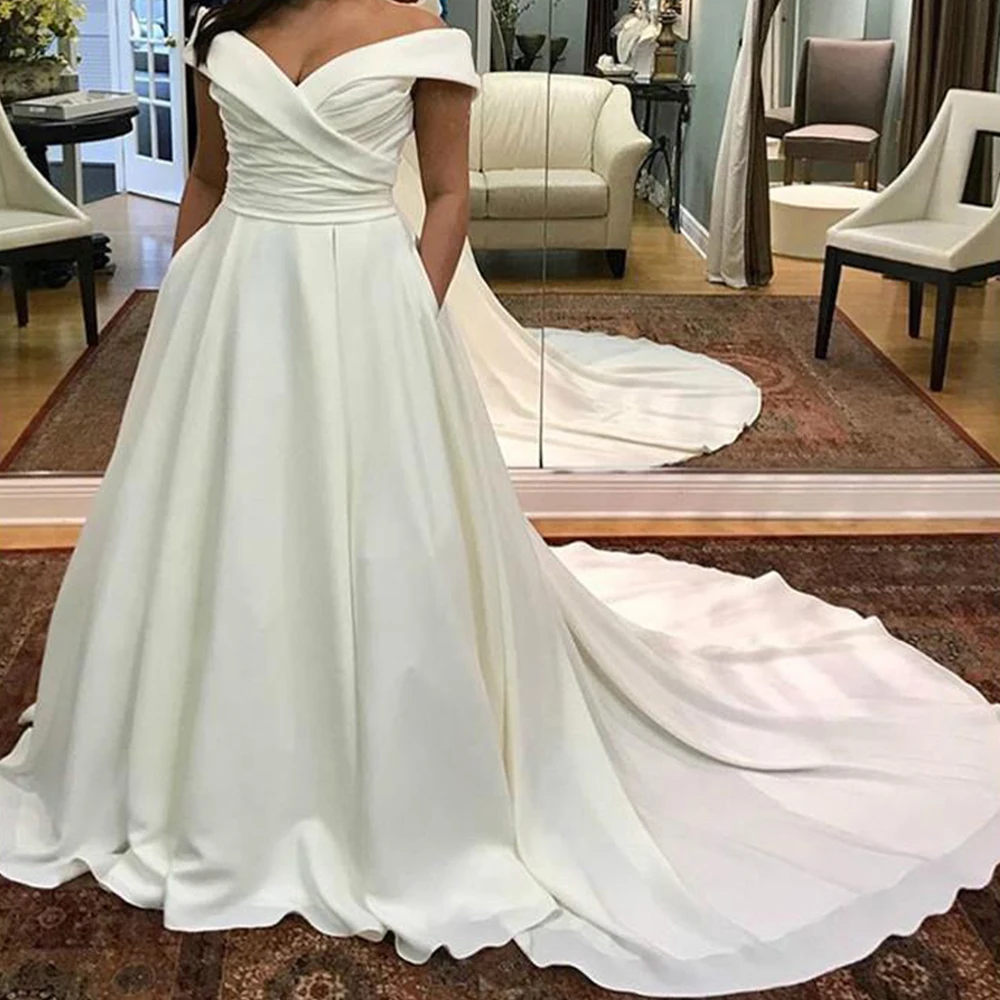 

Full Satin A-line Wedding Dresses Short Off Shoulder V Neck Back lace Up Bridal Gown SweepTrain Customize robes de soirée