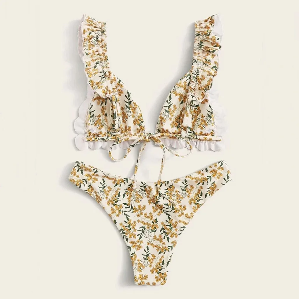 

Sexy Floral Print Ruffle Brazilian Swimwear Beachwear Swimsuit swimwear Women's Summer High Cut Bikini Set Two Piece Swimsuit