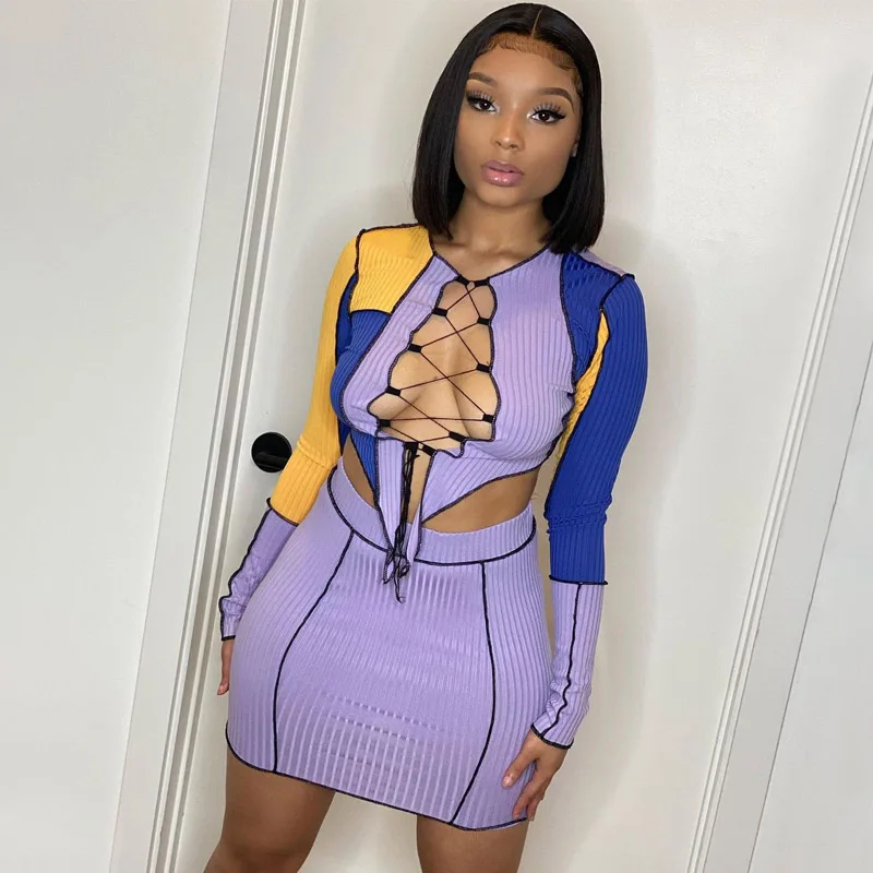 

UETEEY Bandage Patchwork Long Sleeve Crop Top Skirt Set Women Bodycon Ribbed Knit 2 Two Piece Set Women Oufit Matching Sets