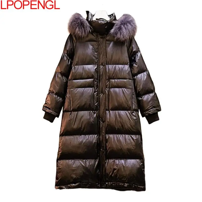 

Women Jacket Parkas Coat Hooded Fur Collar Reflective Jackete Ladies Winter Clothing Mid-length Baggy Fluffy Down Jacket Female