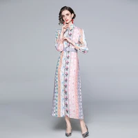 zuoman women spring autumn elegant print dress shirt high quality long floral party robe femme vintage designer vestidos