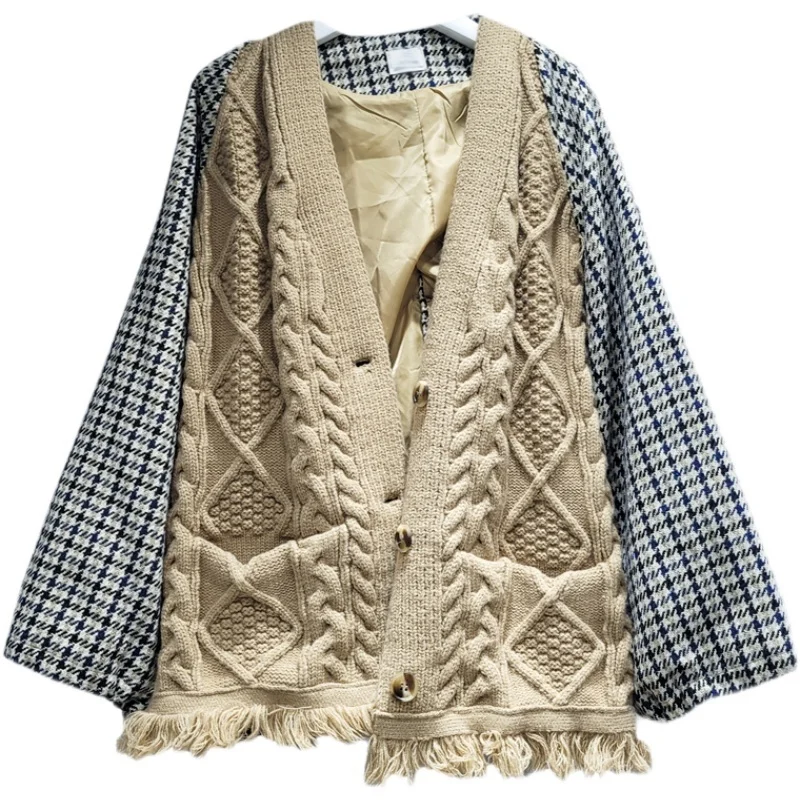 

SeeBeautiful Contrast Color Knitted Spliced Plaid Loose Jacket Coat V-neck Long Sleeve New Fashion 2021 Autumn Winter Women G717