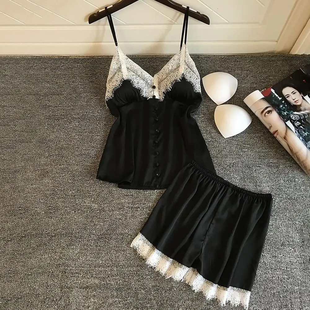 Женская пижама Сексуальный Атласный пижамный комплект белая кружевная Пижама с V