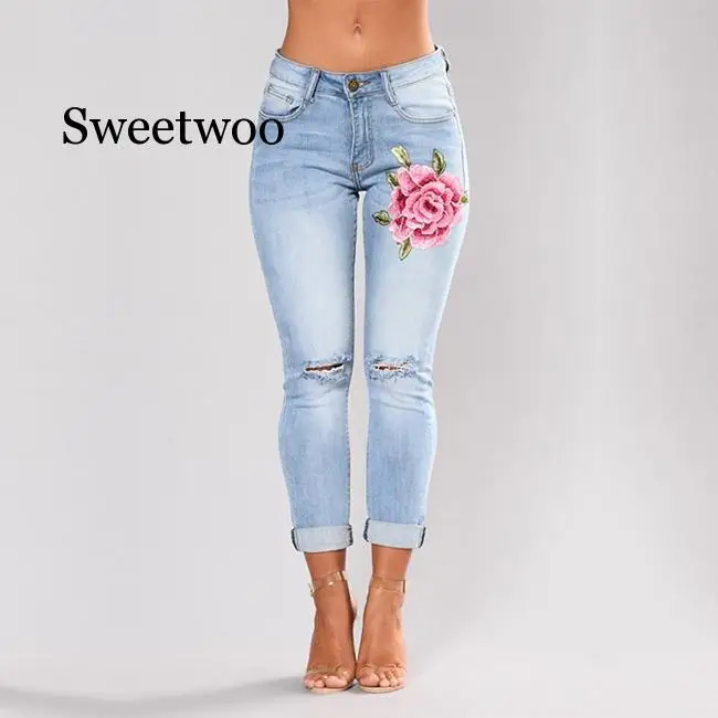 

Джинсы женские Стрейчевые с вышивкой, эластичные облегающие джинсы с цветочным принтом, рваные джинсы с принтом розы