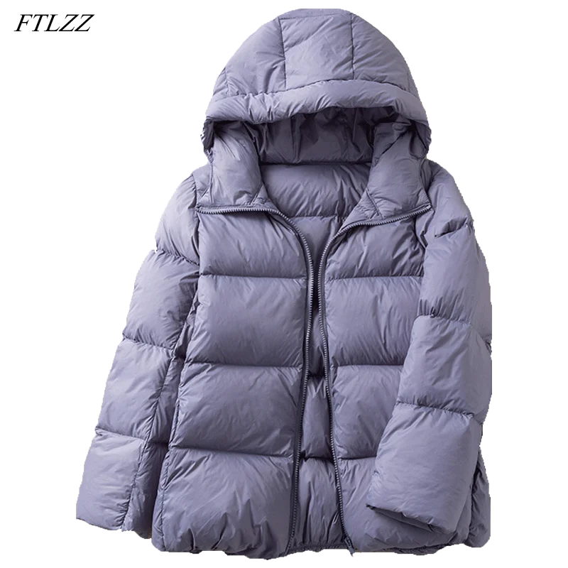 

FTLZZ Winter Soft Hooded Warm Snow Down Jacket Women 90% White Duck Down Fit Fluffy Coat Casual Bread Solid Color Short Outwear