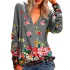 Блузка с цветочным принтом, Топ с длинным рукавом, женская футболка на молнии с V-образным вырезом, пуловер для веснылета, женский Топ, топик женский 2021