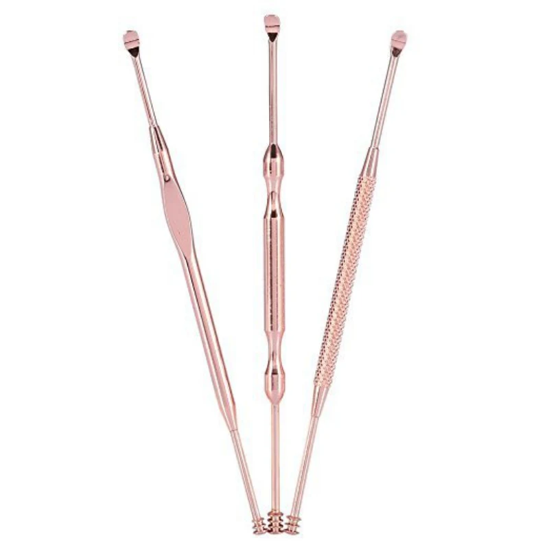 3 шт. двойной инструмент для чистки ушей Комплект из розового золота нержавеющей