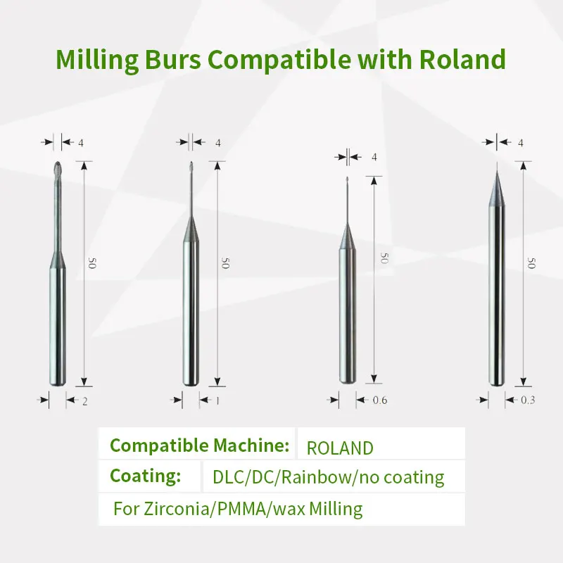 Фрезерные боры Roland, совместимые с Rloand CAD/CAM для блока циркония/EMAX, обеспечивают долгий срок службы и очищают четкие резки