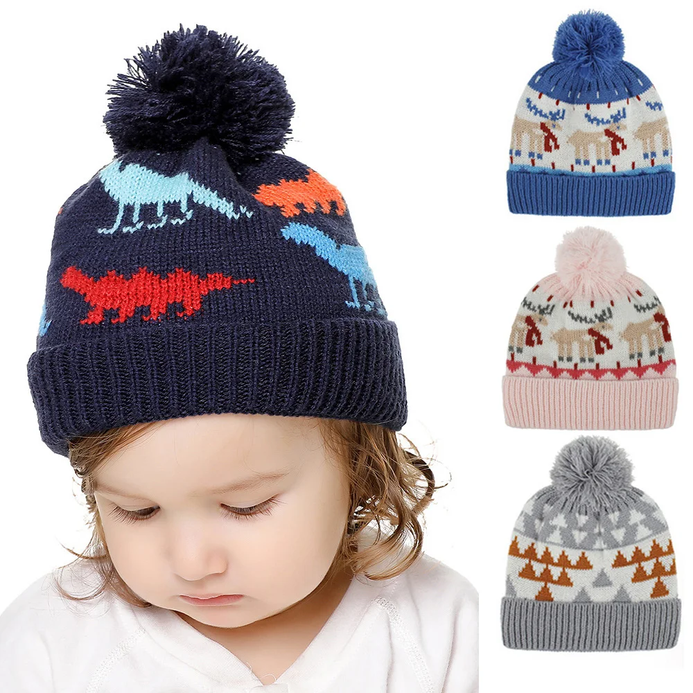 

Newborn Baby Winter Hat Christmas Beanie Hats Cute Cartoon Dinosaur Baby Bonnet Cap Cotton Pompom Caps Babies Girls Gift