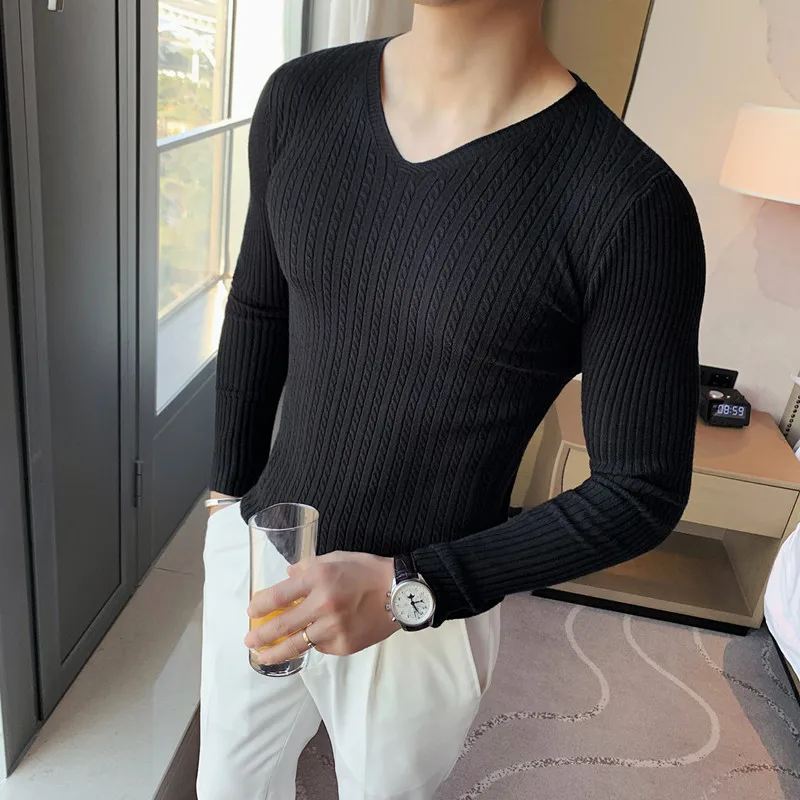 

2021 new men's fashion brand V-neck casual knitted pullover bottoming sweater muscle brothers long-sleeved sweater Slim men