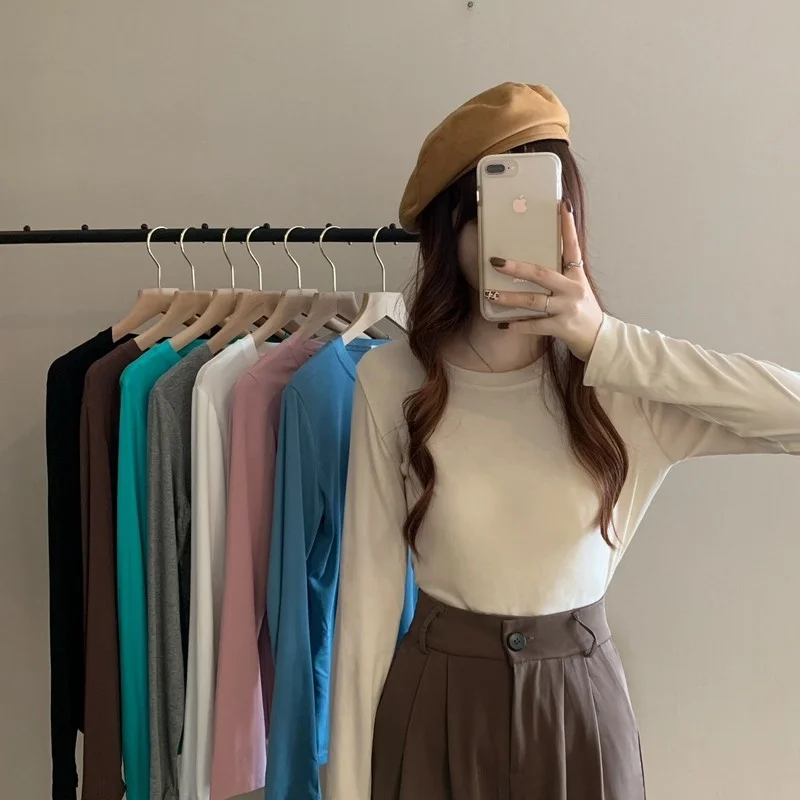 

Round Neck White Long Sleeved T-shirt Women's Bottoming Shirt Spring and Autumn 2021 New Loose and Thin, Versatile Outer Wear