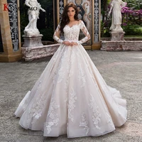 custom made full sleeve embroidery appliques tulle chapel train wedding dress elegant illusion o neck lace bridal ball gown