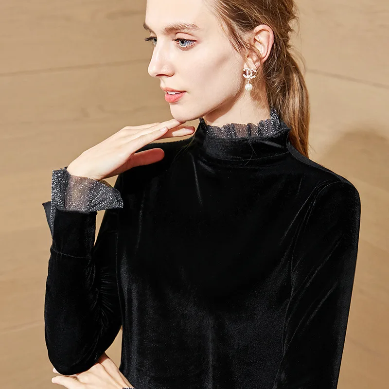 

Ruffled Half-Collar Bottoming Shirt Women's 2019 Autumn and Winter T-shirt Western Horn Sleeve Pleuche Top