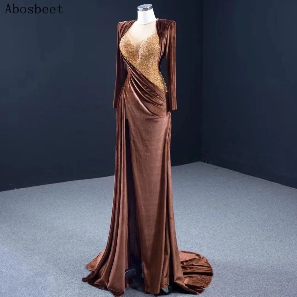 Long Sleeve Evening Dress Beads Top Sext Front Split O Neck Elegant Long Formal Dresses Women Evening Prom Party Gown Lace Up