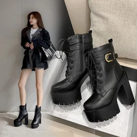 2022 lace up platform heels boots fashion buckle extreme high heels sexy fetish boots soft leather black nigh club shoes