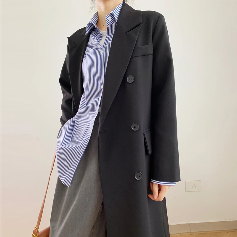 

Fashion Long Blazer Women Jacket Spring Autumn Casual Double Breasted Office Lady Coat Female Outwear Korean Black Blazer Femme