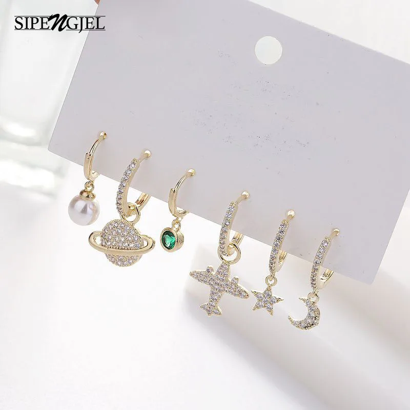 

Fashion Exquisite Plane Moon Star Pearl set Earrings Sets Personality 6 sets Hoop Earings For Women Fashion Jewelry 2020 aretes