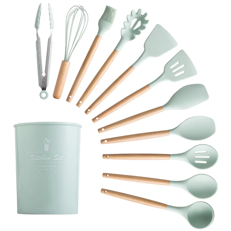 

Silicone Cooking Utensils Set Non-Stick Spatula Shovel Wooden Handle Cooking Tools Set With Storage Box Kitchen Tool Accessories