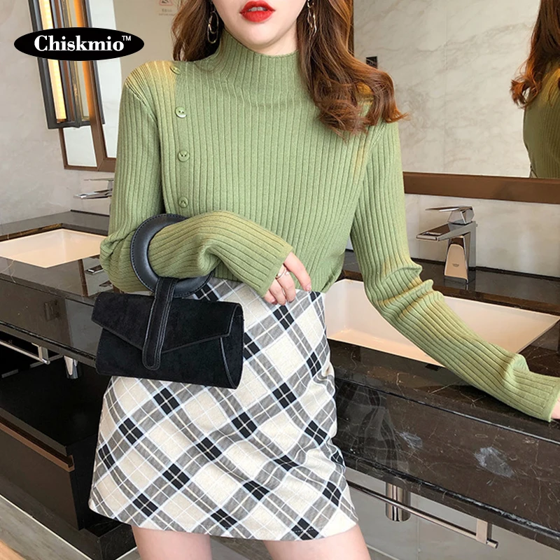 

Slim Turtleneck Knitwear Office Ladies Sweater Casual Button Decoration Hem Split Knitted Pullover Jumper Sweater Korean Style