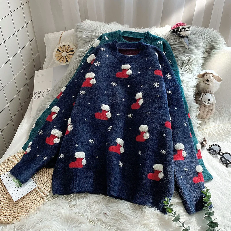 

Christmas Sweater Thickened Warm Knitted Women Pullovers O-Neck Winter Long-Sleeved Casual All Match Female Pulls