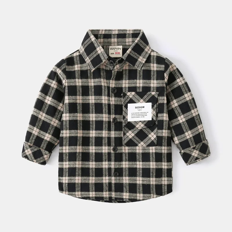 

Children's Long-sleeved Shirt Korean 2022 Spring and Autumn Plaid Shirt Baby Casual Shirt Jacket Boy Label Pocket Shirt Top Tees