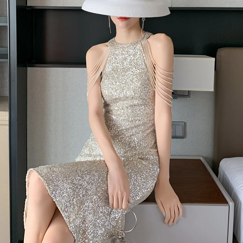 

2020 New Elegant Women's Sleeveless Sequin Beaded Long Dress O-neck High Waist Women's Sexy Fishtail Sequin Party Dress Vestidos