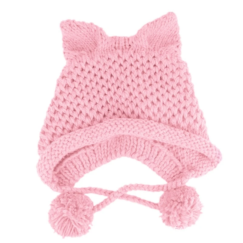 

Women Winter Chunky Knit Beanie Hat Cute 3D Ears Windproof Warm Earflap Cap
