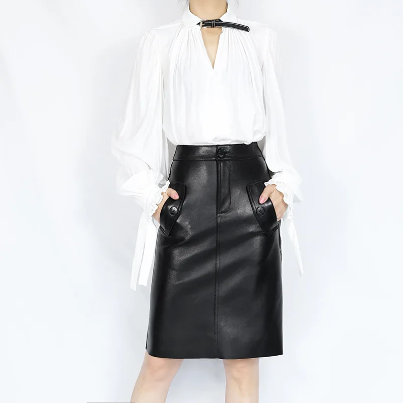 Женская Облегающая Юбка миди из натуральной кожи бежевая/черная|Женские юбки| |