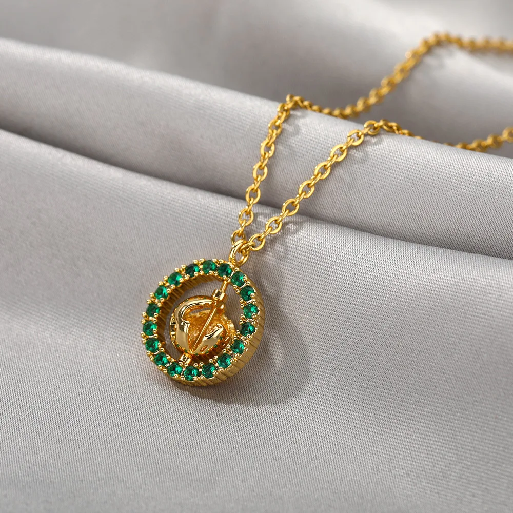 Green Zircon Rotatable Globe Bead Pendant Necklace for Women Men Stainless Steel Gold Chain Goth Aesthetic Choker Jewelry Gifts | Украшения