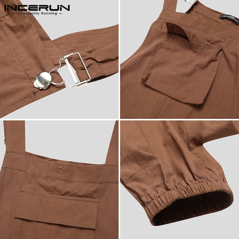

INCERUN Mens Fashion Jumpsuits Solid Color Overalls Men Pockets Vintage Joggers Loose Cotton Rompers Man Suspender Bottoms S-5XL