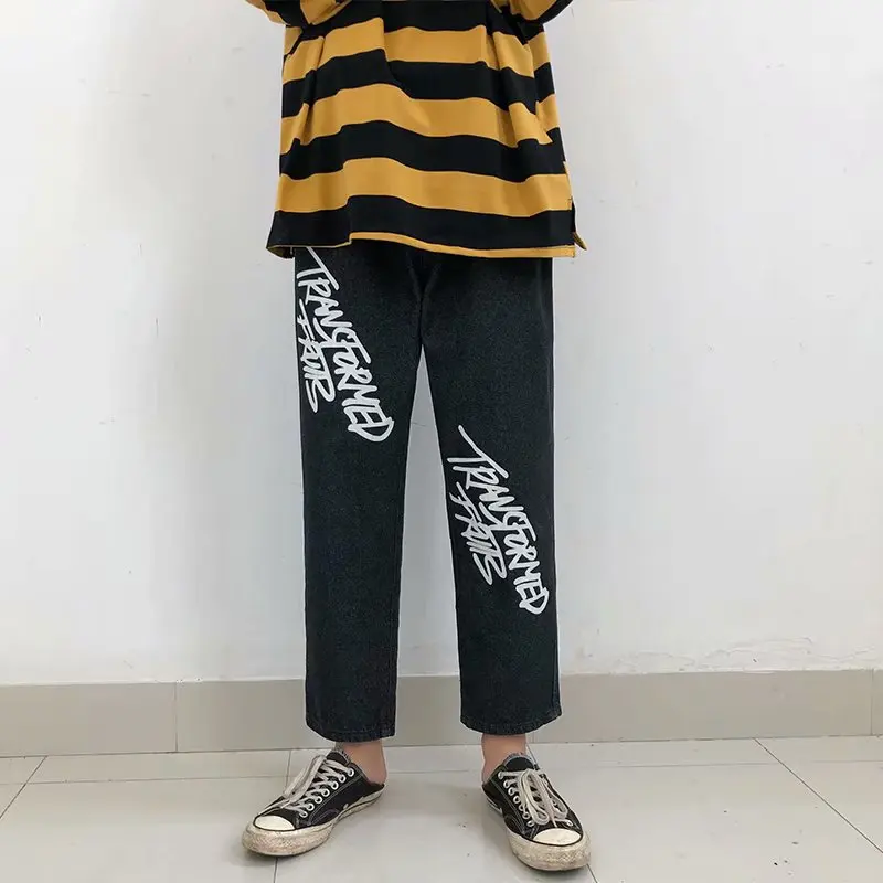 

lettee Printed teenagers denim jeans men's trendy brand autumn trendy feet trousers men's loose hip-hop straight-leg harem pant