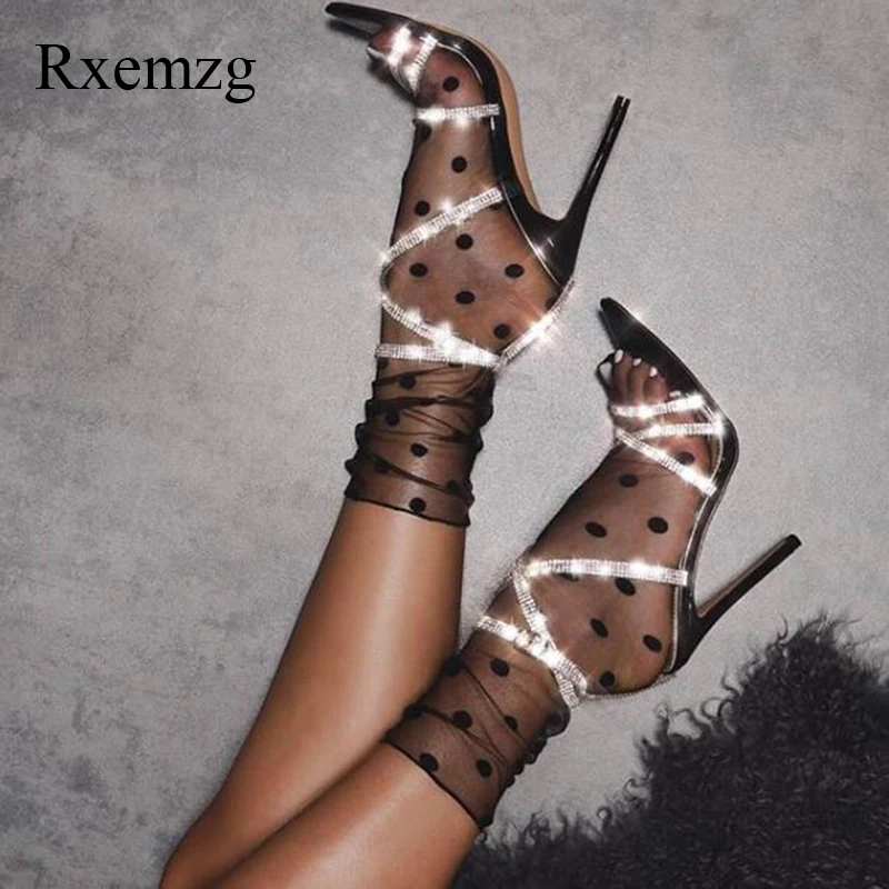 Rxemzg summer women sandals thin heels fashion rhinestones ankle strap super high pumps open toe ladies | Обувь