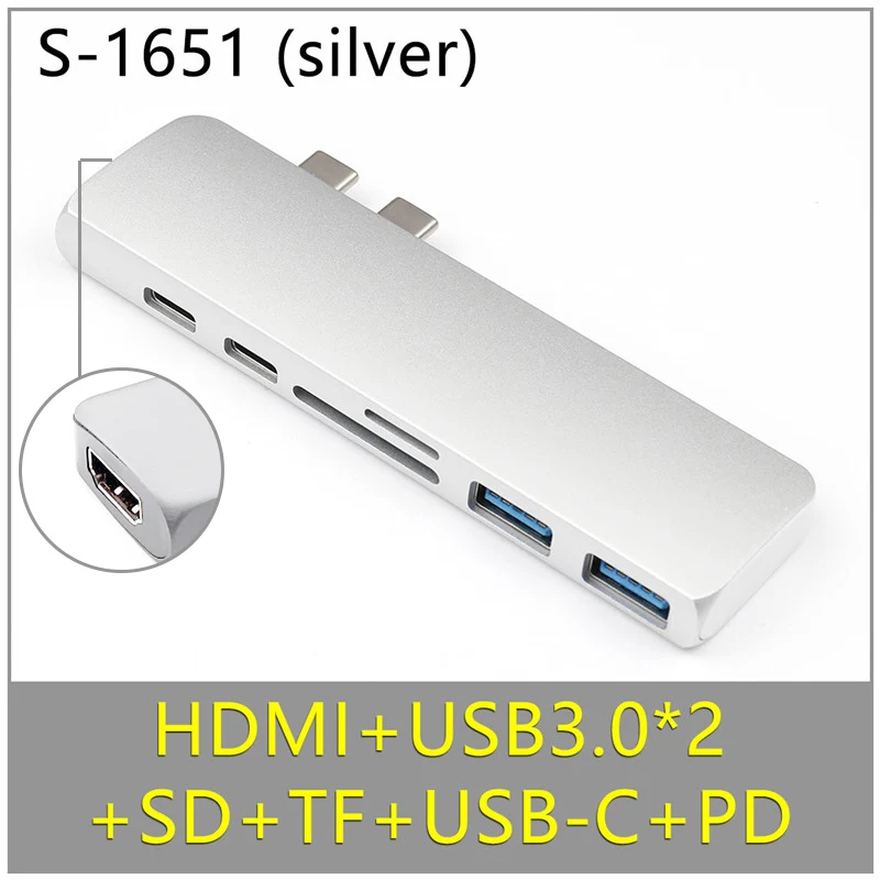 Silver With HDMIProt Два порта USB C концентратор до 4K HDMI адаптер Thunderbolt 3 двойной USB 3,1 данных type-C концентратор TF SD PD адаптер для MacBook Pro Air 13 - Цвет: Silver With HDMIProt