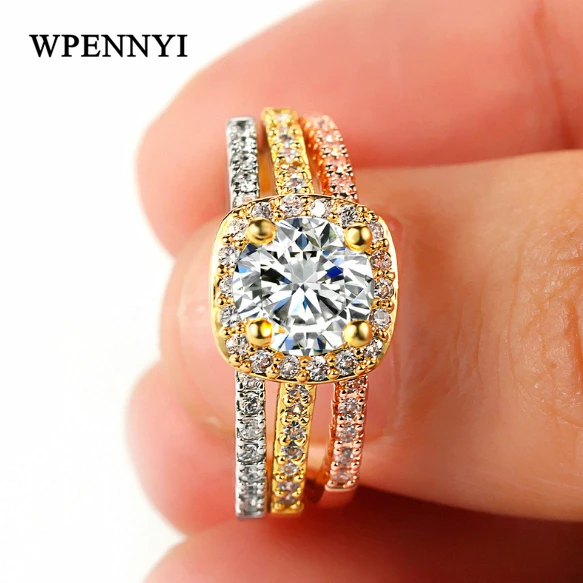 Классические квадратные свадебные наборы колец белый/розовый/Золотой 3 цвета