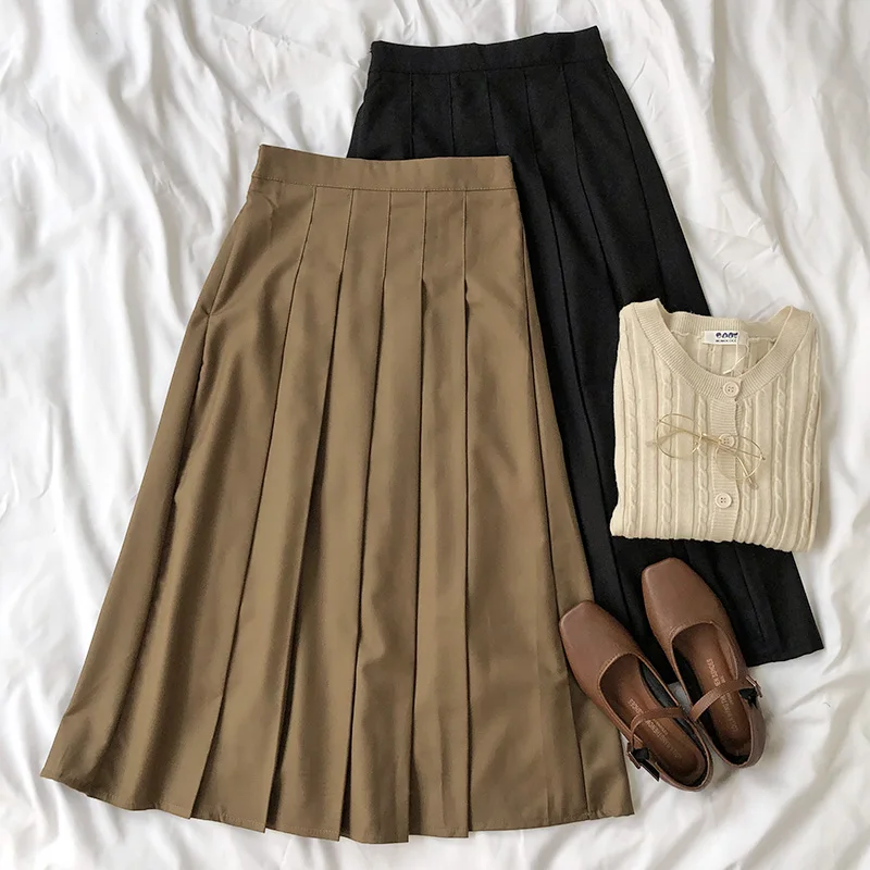 

2 colors 2021 autumn Female long Skirts Women korean style High Waist long pleated Skirt solid color midi skirt womens (X1064)