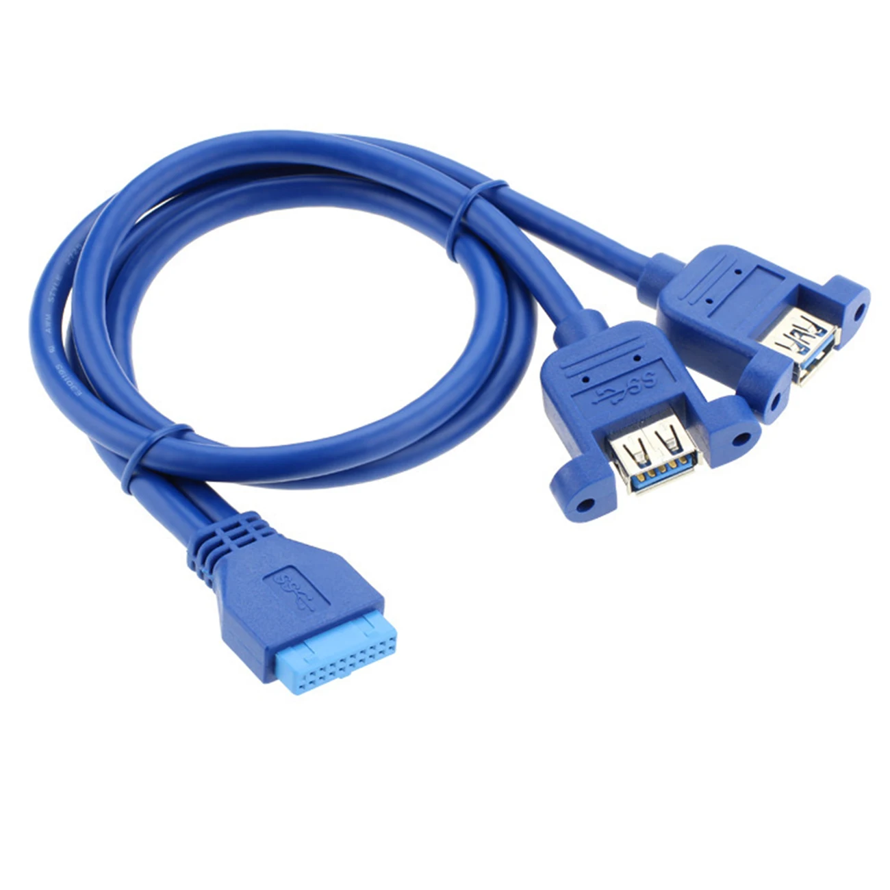 

USB 3.0 Type A Computer Case Internal Motherboard 19 Pin Female To 2 U Female Ports Locking Panel Mounting Screw 50CM Blue Cable