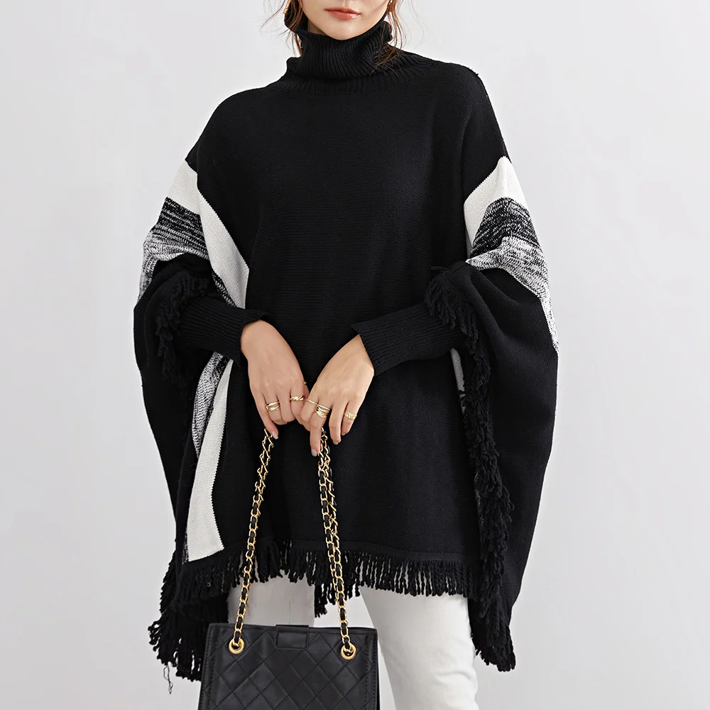 

Новый женский модный вязаный свитер в стиле пэчворк, повседневный элегантный пуловер с длинным рукавом и высоким воротником в полоску, женс...