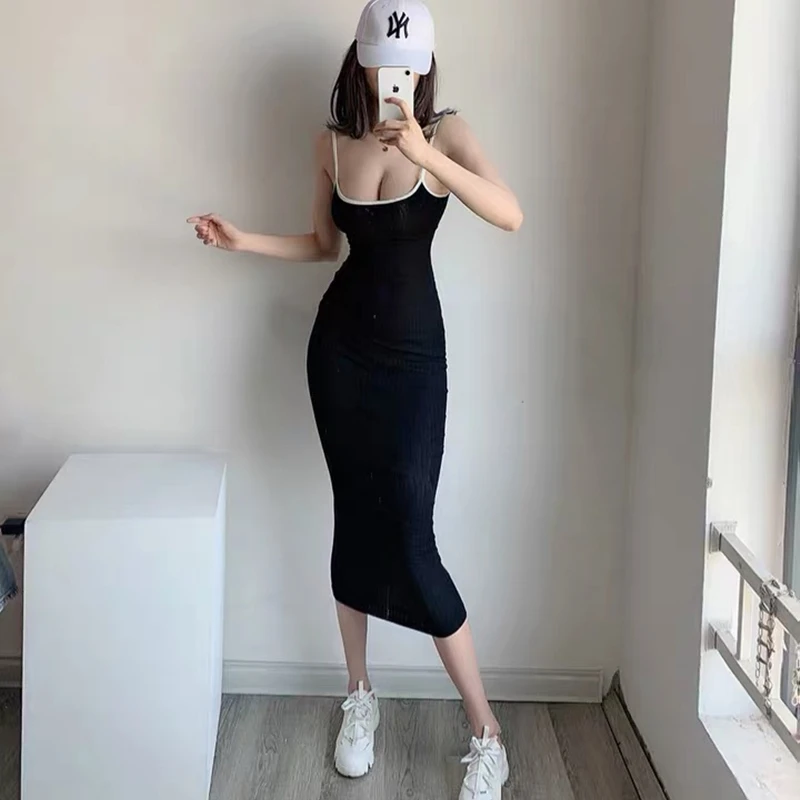 

Summer New Sexy Sling Dress Hit Color Edging Solid Color Stretch Bag Hip Pencil Dress Fashion Ins