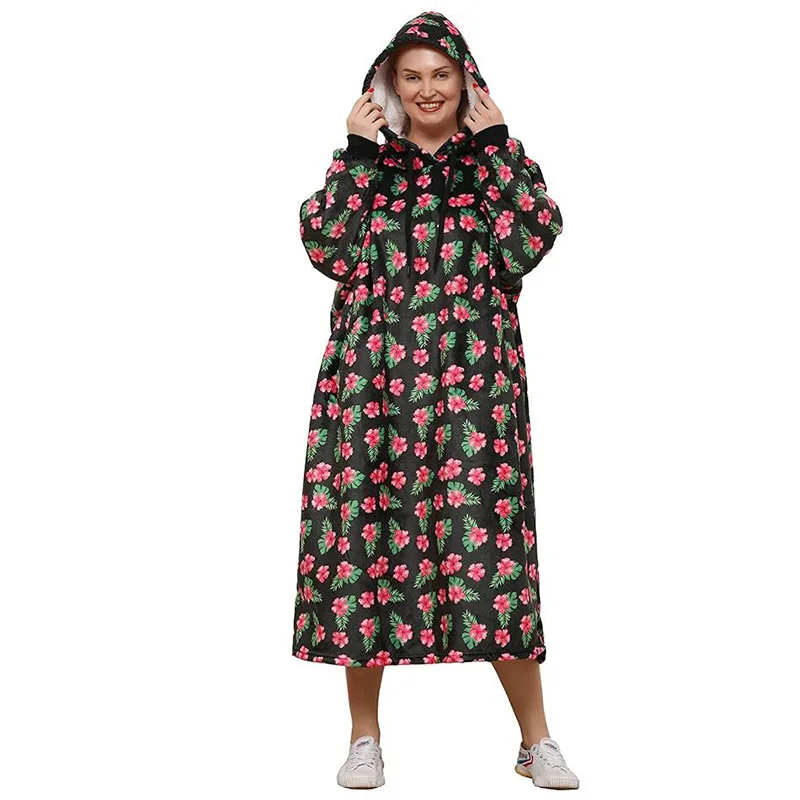 

Black flower digital printing hooded lazy blanket winter 2021 leisure drawstring bag digging hoodie sweater