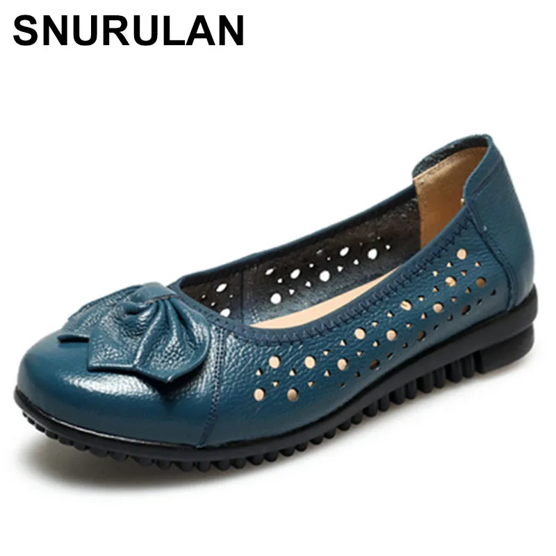 

SNURULAN Women's Platform Hollow Out Ballet Flats For Women Genuine Leather Summer Mothers' Shoes Woman Slip On Shallow Flats