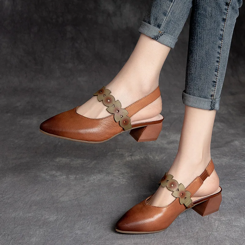 

Women Leather Sandals 5 Cm High Heels Pointed Toe 2021 Summer Shoes Classic Handmade Genuine Leather Women Ankle Strap Shoes