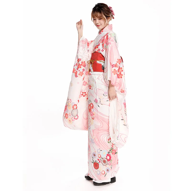 Women's Japanese Traditional Long Sleeve Kimono Beautiful Pink Floral Prints Formal Yukata Cosplay Wear Performing Dress |